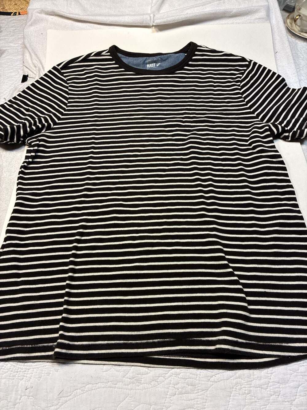 William Rast Men's Black and White Striped Waffle Knit Crewneck T-Shirt